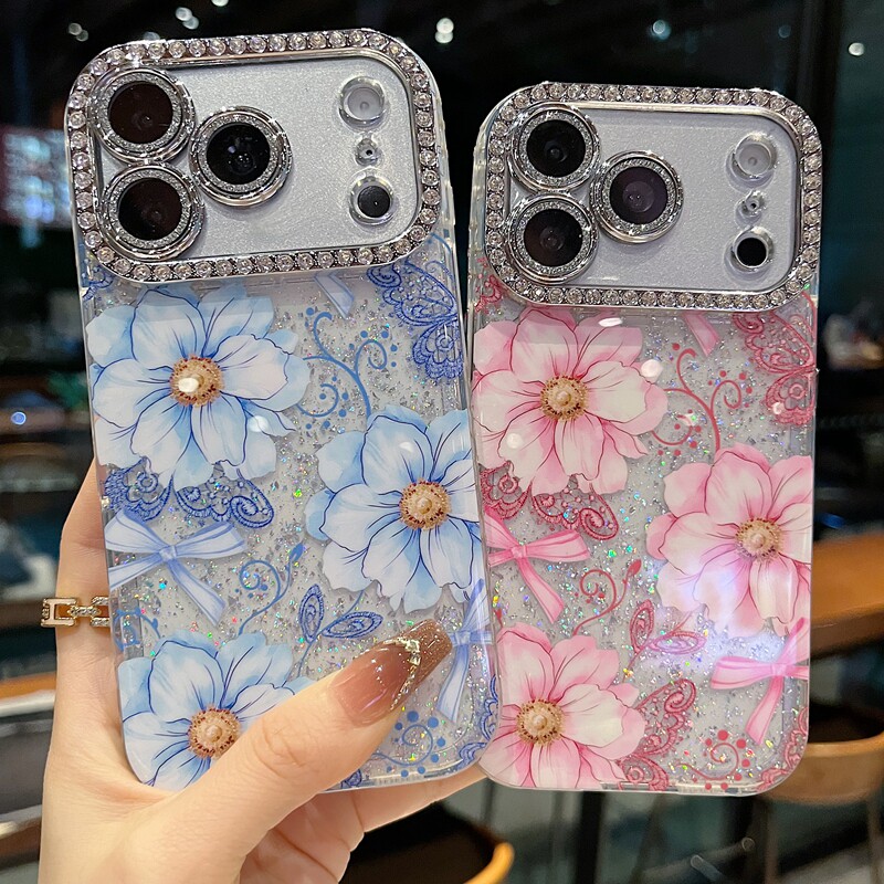 适用苹果系列iPhone17新款手机壳14pro/15promax唯美风蕾丝蓝色花13pro/16promax全包满钻精孔镜框网红保护套