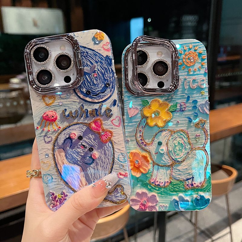 适用苹果系列iPhone16卡通梦幻油画新款手机壳15promax大孔支架镜框升级款14pro/13pro轻透happy鲸鱼保护套