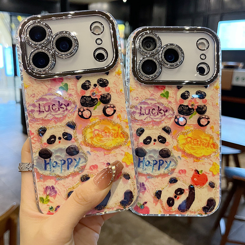 适用苹果系列iPhone17新款手机壳14pro/16promax小众蓝光滴胶happy熊猫15promax全包闪粉镜头防摔ins风保护套