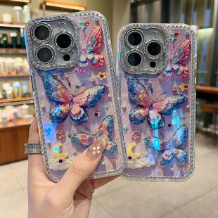 适用苹果系列iPhone16新款手机壳15pro14promax优雅国风云朵蝴蝶13pro16promax扭边钻框闪钻镜头膜网红保护套