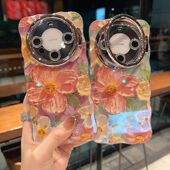适用华为mate60系列苹果16promax新款 手机壳mate40 50高级绿底油画花14pro15promax全包闪粉镜头膜支架保护套