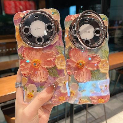 适用华为mate60系列苹果16promax新款手机壳mate40/50高级绿底油画花14pro15promax全包闪粉镜头膜支架保护套