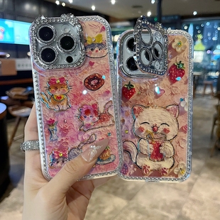 16promax猫咪一体支架钻框镜头膜保护套 适用苹果系列iPhone 16新款 手机壳15pro 14promax小众油画草莓猫咪13