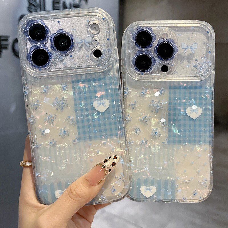适用苹果系列iPhone17新款手机壳13pro/16promax时尚蓝色彩贝拼格15pro/14promax全包闪粉花朵镜框网红保护套