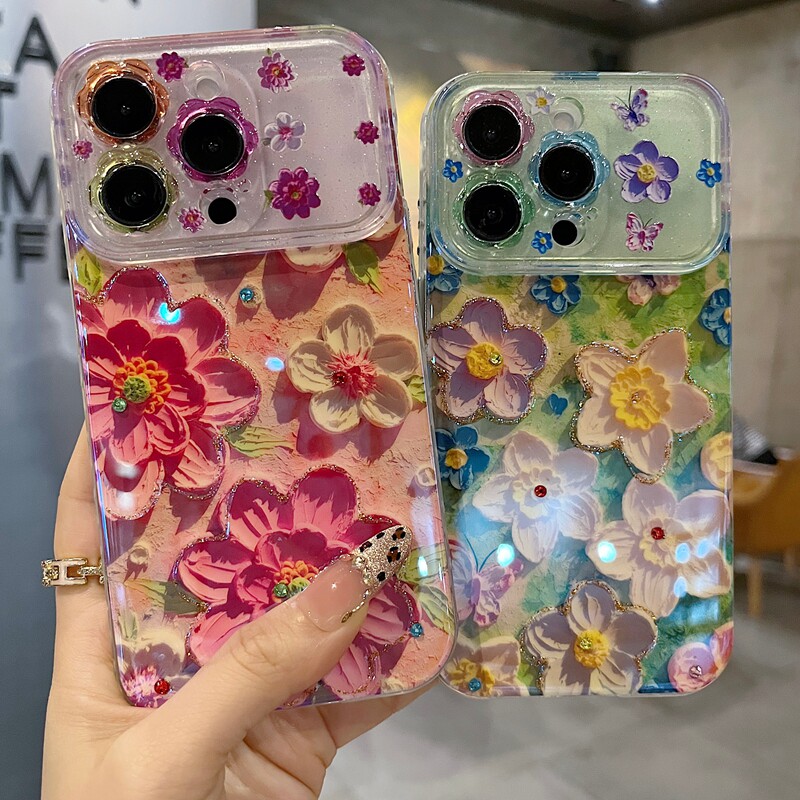 适用苹果系列iPhone17新款手机壳13pro/16promax油画水仙花15promax14promax全包闪粉花朵镜框防摔网红保护套