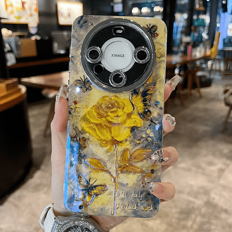 适用华为mate60  p70系列iPhone16新款手机壳16promax高级复古油画黄玫瑰全包15promax气质14/13网红保护套
