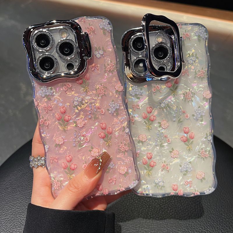 适用苹果系列iPhone16新款手机壳15pro14promax优雅郁金香贝壳纹13pro16promax全包隐形支架镜头膜网红保护套