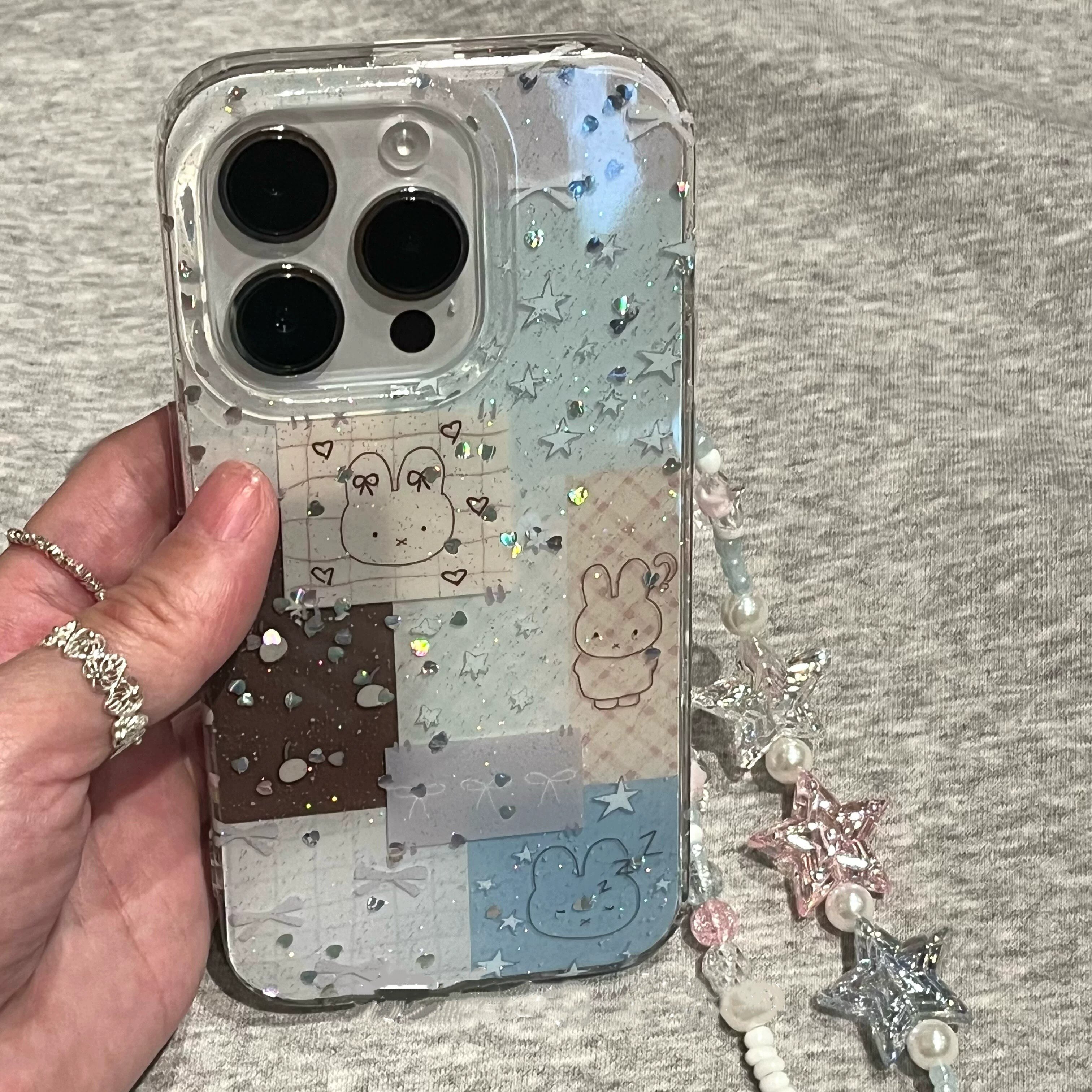 适用苹果系列iPhone17新款手机壳16promax14promax可爱风细闪标签兔子15promax/13pro半包大孔防摔网红保护套