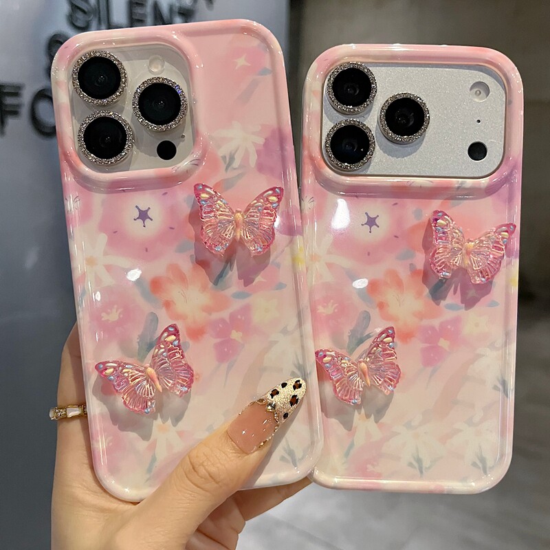 适用苹果系列iPhone17新款手机壳13pro/15promax少女风粉色花丛蝴蝶14promax16promax半包大孔防摔网红保护套