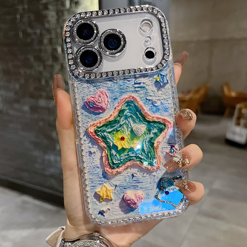 适用苹果系列iPhone17新款手机壳15pro14promax小众绿色星星13pro16promax满边钻框闪钻镜头膜网红女款保护套