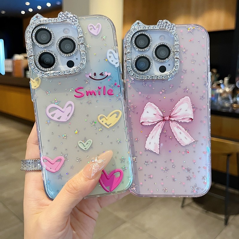 适用苹果系列iPhone16新款手机壳15/14promax小众优雅晕染蝴蝶结13/16promax猫耳型满边钻框闪钻镜头膜保护套