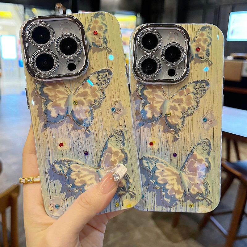 适用苹果系列iPhone17新款手机壳16promax14promax复古蓝白蝴蝶15promax13promax全包闪粉镜头防摔网红保护套