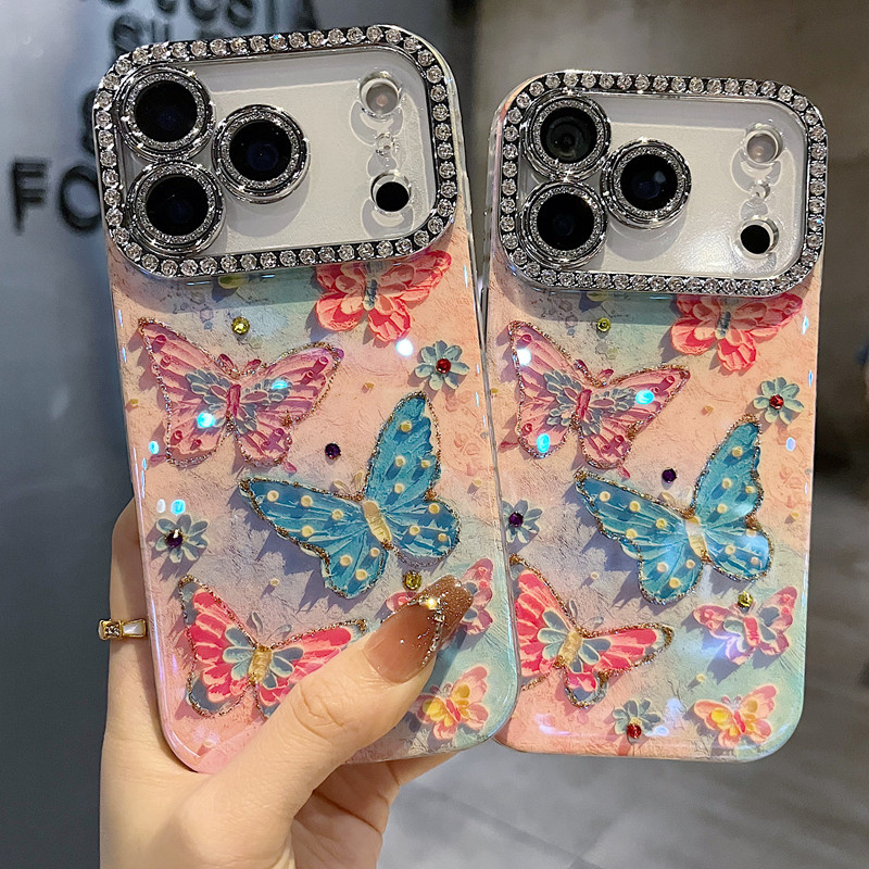 适用苹果系列iPhone17新款手机壳13promax15promax彩色点点蝴蝶16promax全包满钻精孔镜框防摔网红女款保护套