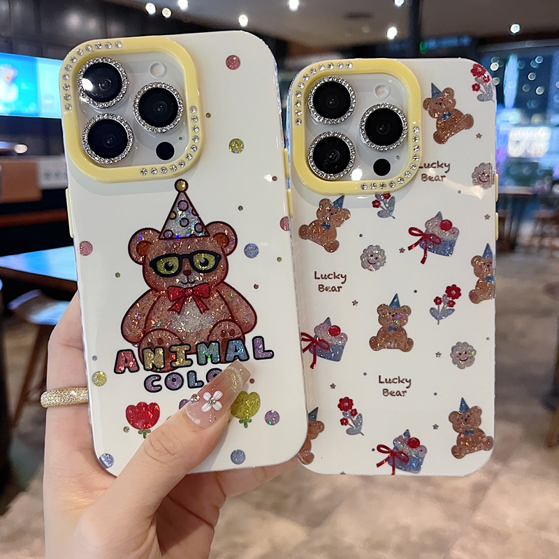 适用苹果系列iPhone16新款手机壳15pro14promax小众满屏蛋糕小熊13pro16promax钻石镜框闪钻镜头膜网红保护套
