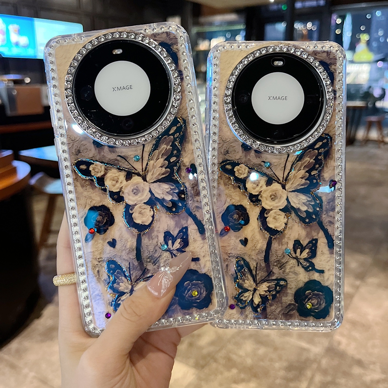 适用华为mate 70系列苹果新款手机壳mate60优雅满钻复古黑白玫瑰蝴蝶P70全包满钻大孔镜头透气网红女款保护套