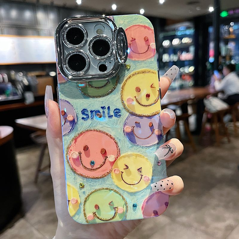 适用苹果系列iPhone15 手机壳14promax可爱彩色笑脸镜头隐形支架15promax带镜头膜防摔13/12散热网红保护套