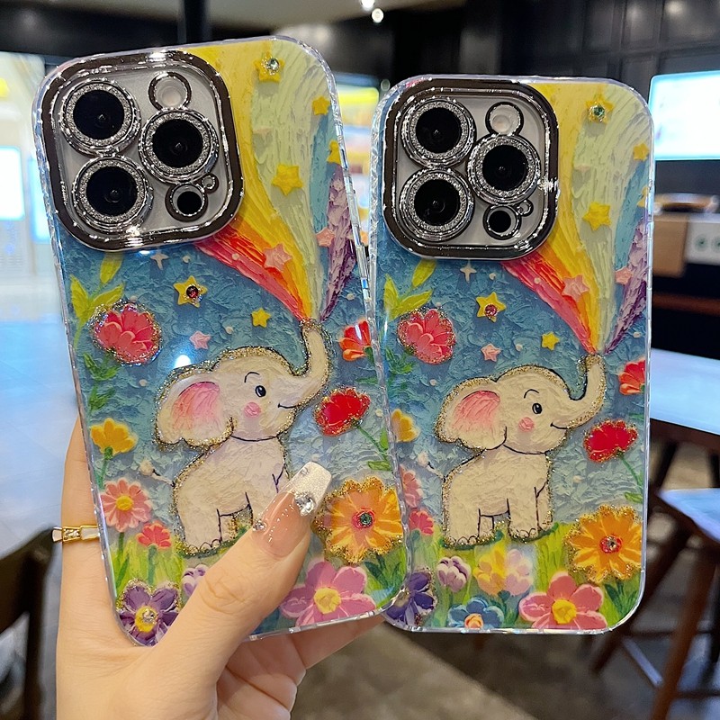 适用苹果系列iPhone17新款手机壳14pro/16promax个性彩虹大象花朵13pro/15promax全包闪粉镜头防摔网红保护套