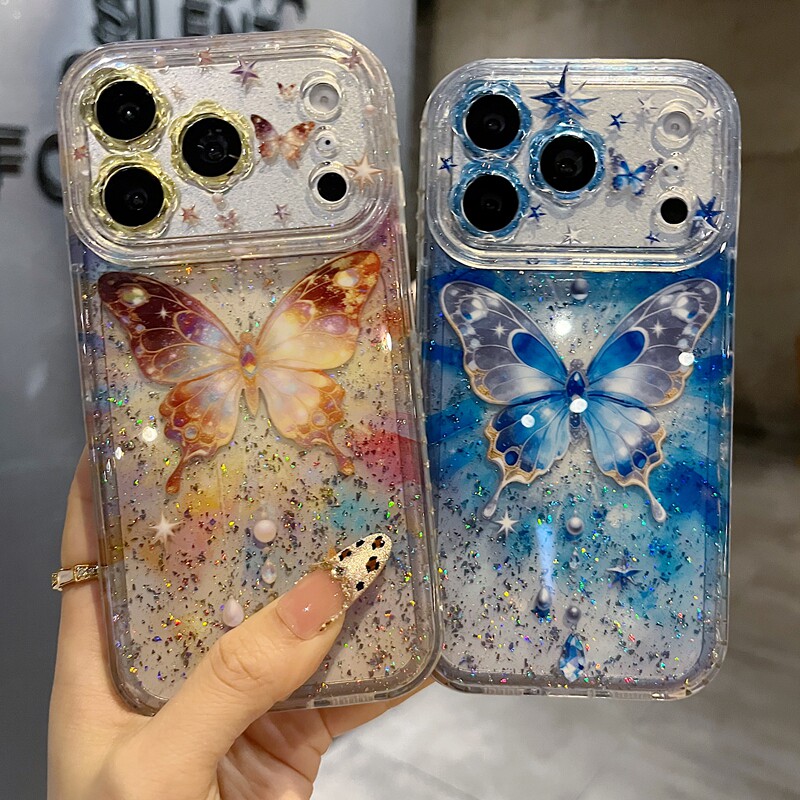 适用苹果系列iPhone17新款手机壳13pro/16promax紫色爆闪蝴蝶15pro/14promax全包闪粉花朵镜框防摔网红保护套