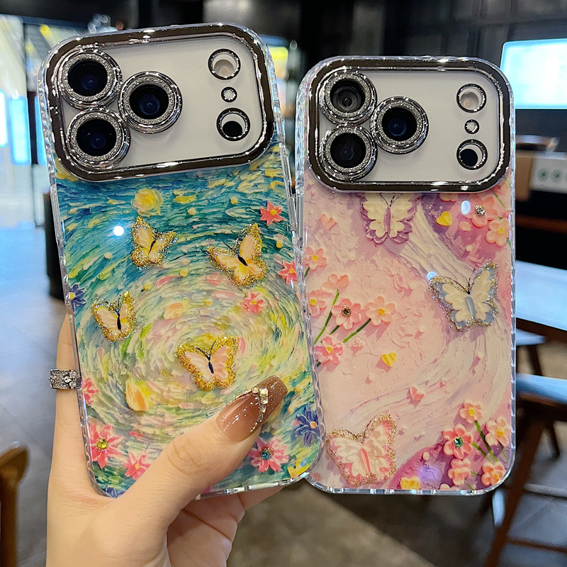 适用苹果系列iPhone17新款手机壳14promax16promax小众蓝光滴胶紫色花朵蝴蝶15promax全包闪粉镜框网红保护套