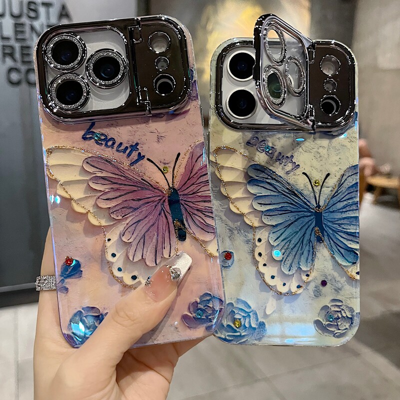 适用苹果系列iPhone17新款手机壳15promax13promax小众优雅蓝白蝴蝶14promax16promax枪色精孔镜头支架保护套