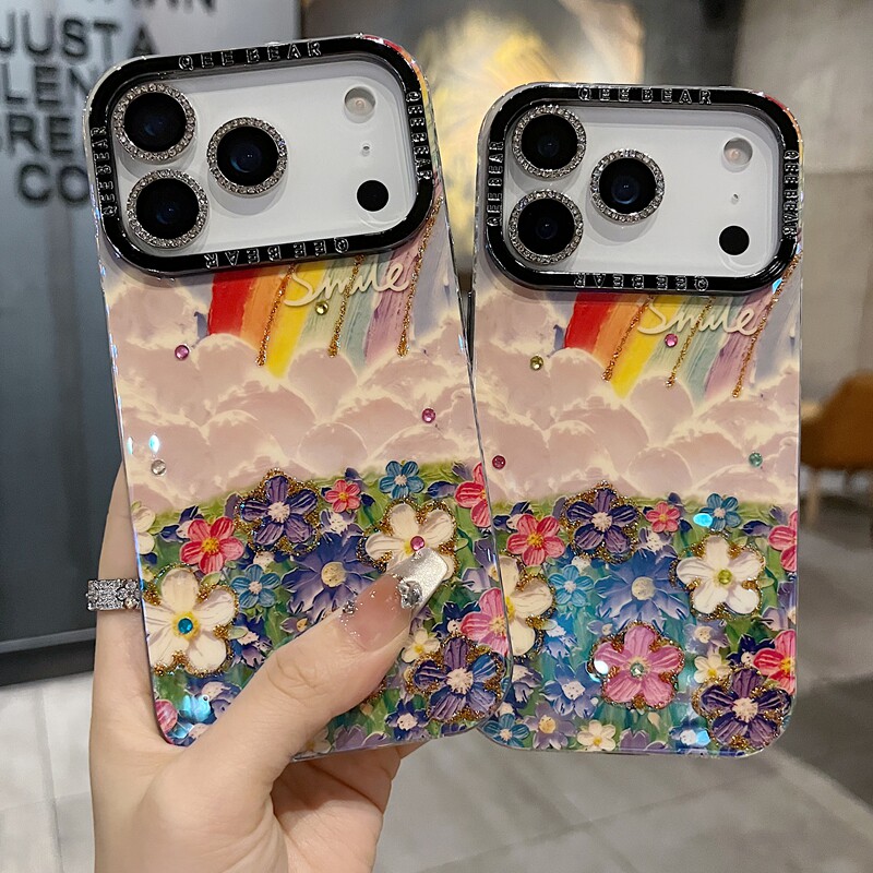适用苹果系列iPhone17新款手机壳15promax13promax个性彩虹油画花海14pro/16promax闪砖电镀镜头膜网红保护套