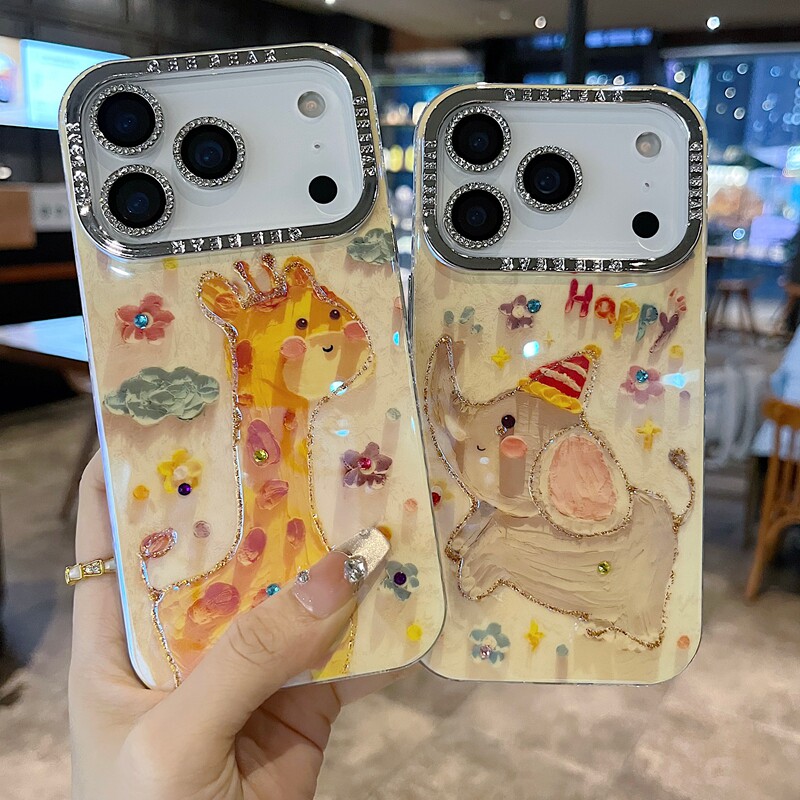 适用苹果系列iPhone17新款手机壳15promax14promax卡通长颈鹿16promax13promax闪砖电镀镜头膜网红女款保护套