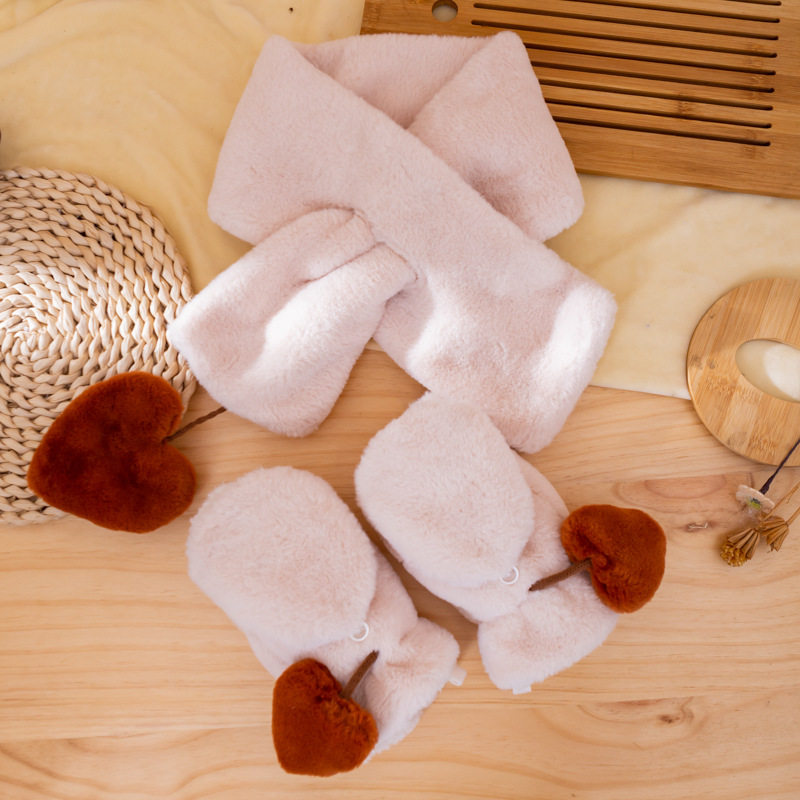 韩版加厚绒骑车保暖可爱围巾手套套装女冬季学生露指写字翻盖户外