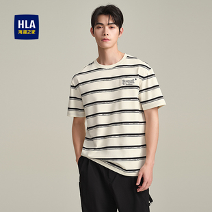 字母绣花打底短t男 T恤春夏圆领时尚 HLA 海澜之家撞色条纹短袖
