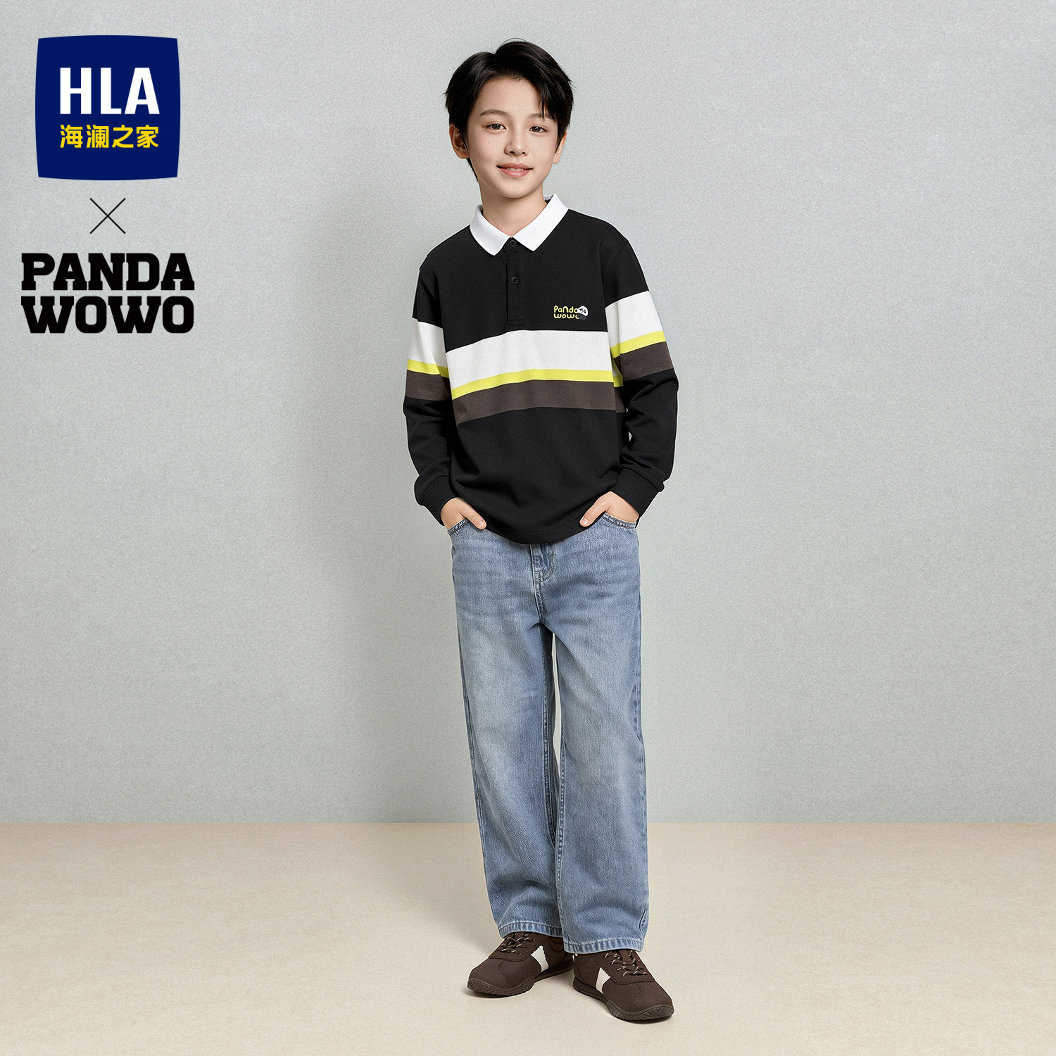HLA/海澜之家panda wowo熊猫POLO衫2026秋季新翻领印花长袖男女童