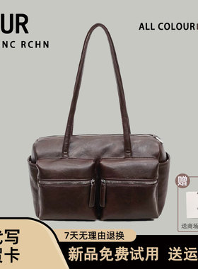 UR原创新款女包美拉德系单肩托特包复古软皮多口袋腋下面包枕头包