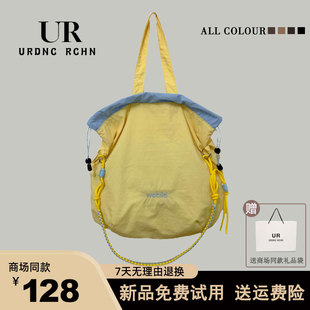 UR韩版小众尼龙布包拼色抽绳多功能手拎托特包撞色轻便斜挎单肩包