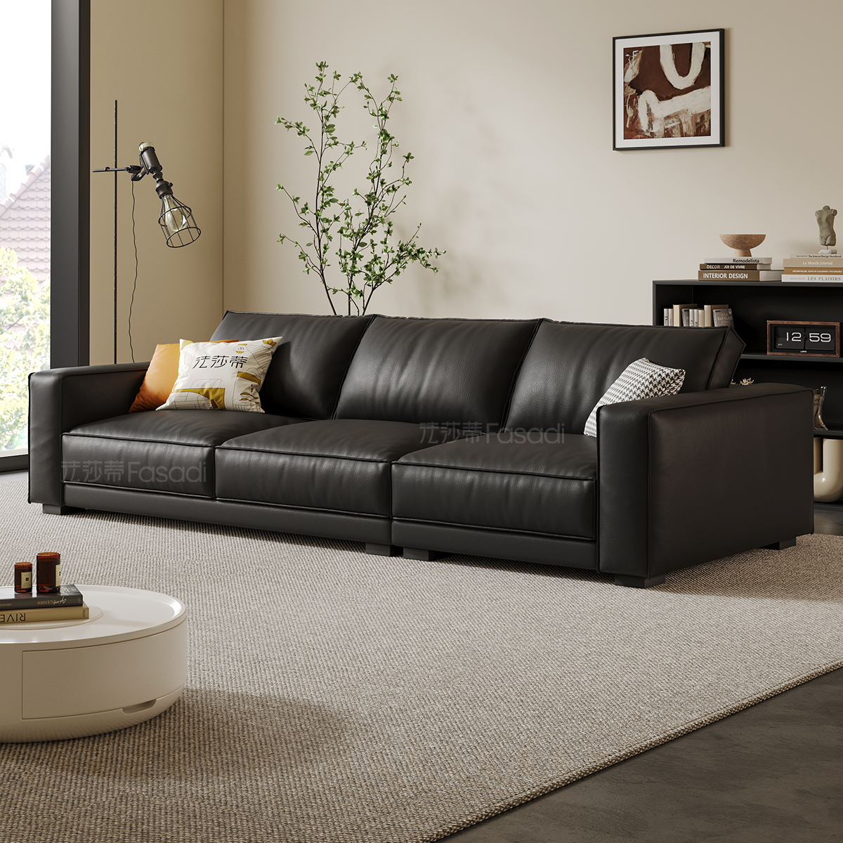 法莎蒂意式极简真皮沙发客厅进口牛皮直排豆腐块复古家用小户型