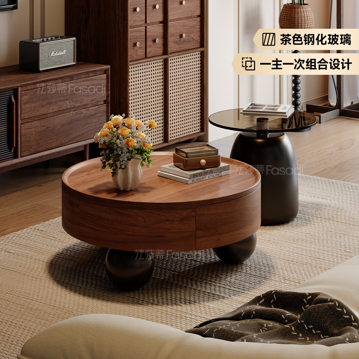 法莎蒂中古风实木茶几客厅家用小户型复古圆茶几桌组合沙发边几