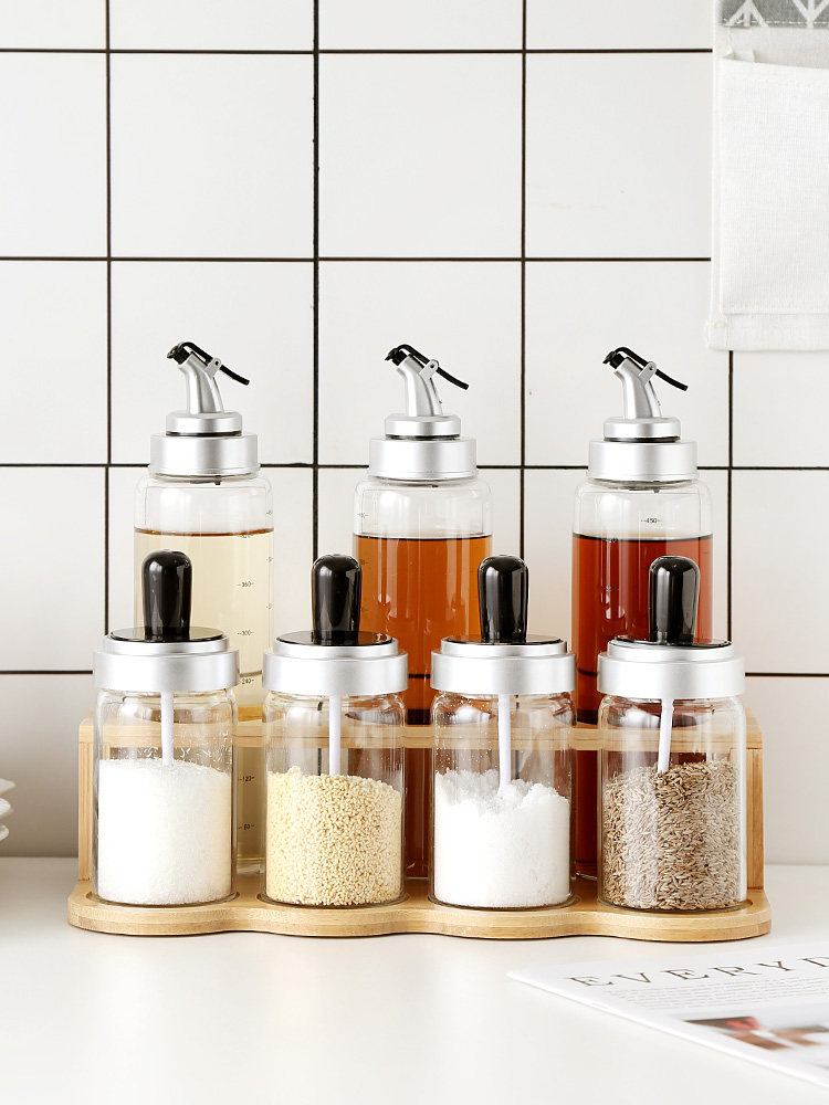 防潮勺盖一体调味罐密封厨房玻璃调料罐子套装带勺子调料盒架子