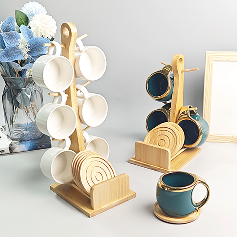 简约水具套装陶瓷咖啡杯碟套装酒店耐热水杯创意6件套带竹架杯垫