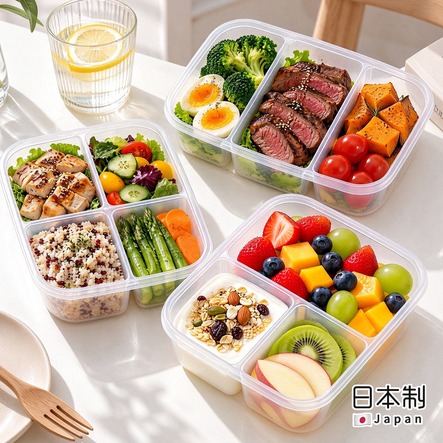 日本进口三分格饭盒减脂餐专用食品级家用定量减肥可微波炉加热盒