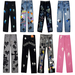 马蹄印贴皮美式 男女同款 高街牛王限定 十字架梵文牛仔裤 CH克罗风格