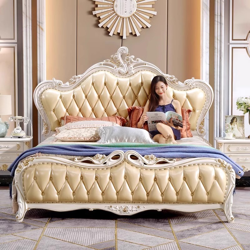 欧式真皮床美式别墅奢华1.8米双人床实木雕花主卧婚床公主白色床