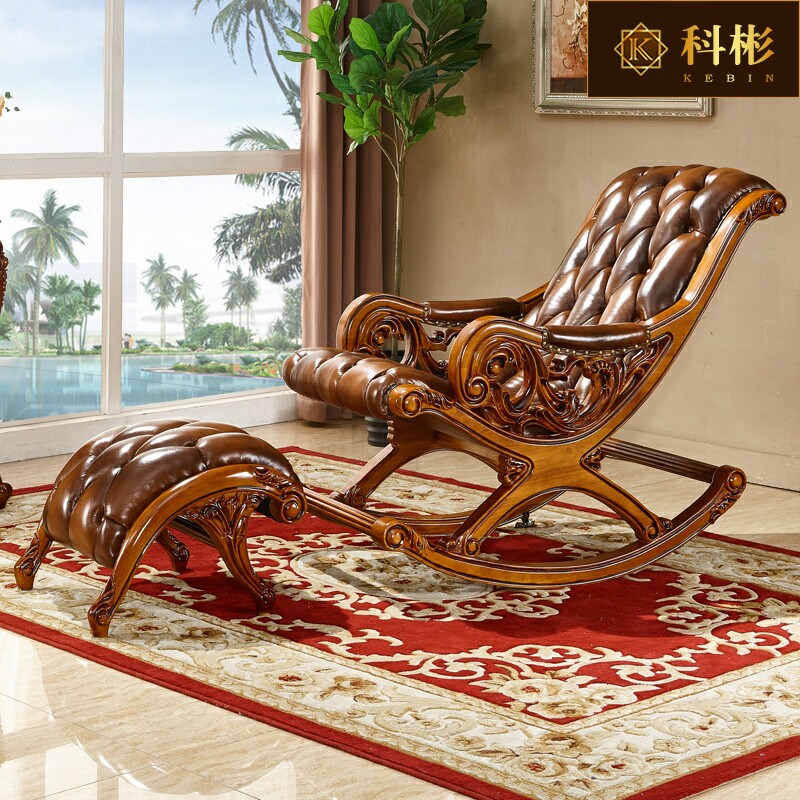 欧式摇椅美式躺椅卧室阳台全实木真皮头层牛皮家用客厅法式逍遥椅