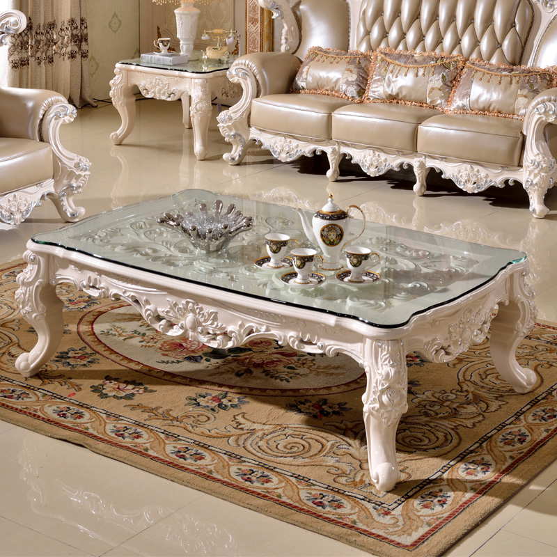 欧式带玻璃茶几 美式别墅全实橡木雕花休闲茶桌面白色客厅茶桌子