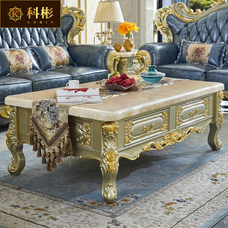 欧式大理石茶几 美式别墅奢华家具实木雕花金色客厅储物茶桌茶柜