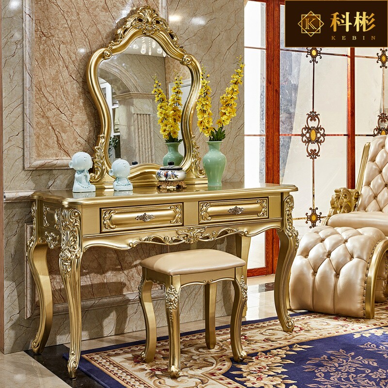 欧式梳妆台 美式奢华宫廷卧室金色梳妆桌实木化妆台妆镜妆凳组合
