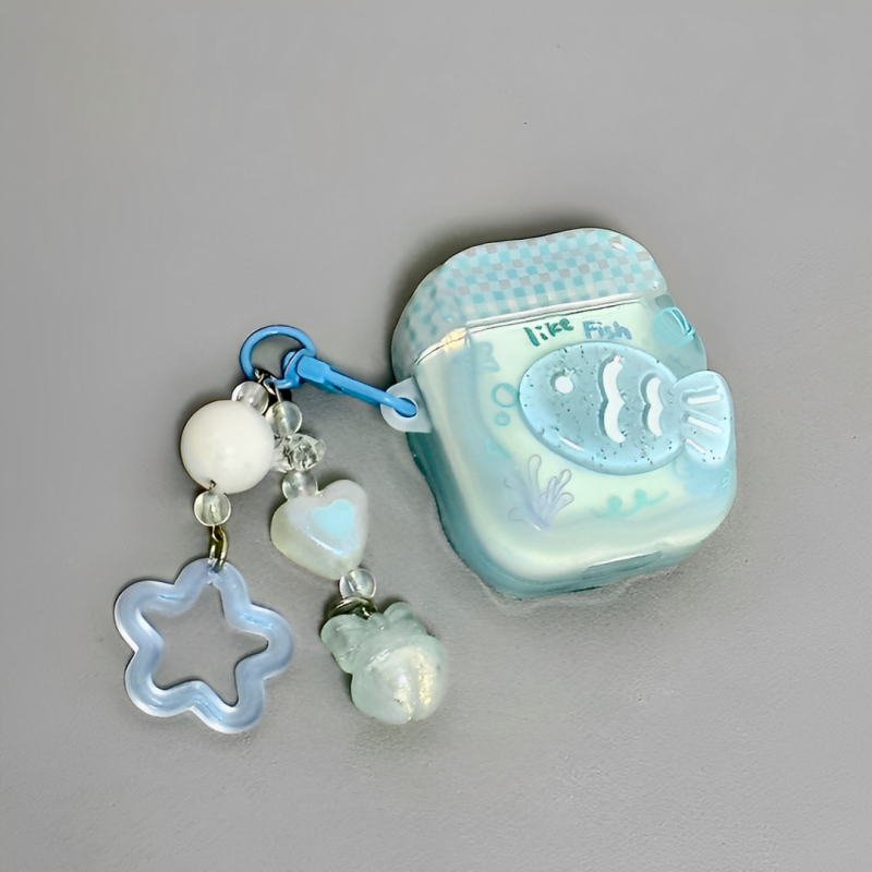 适用Airpods4耳机保护套夏日蓝色小鱼苹果耳机套AirPods1/2代/pro保护壳立体带吊坠airpods新3代蓝牙耳机壳女