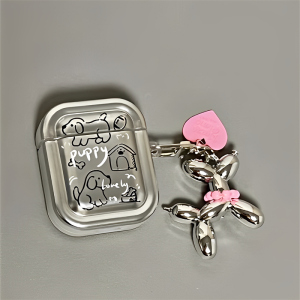 适用Airpods Pro耳机保护套简笔画狗狗苹果4代耳机套AirPods1/2代保护壳电镀银带吊坠airpods新3代蓝牙耳机壳