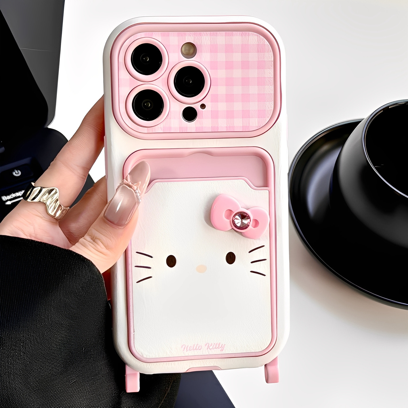 粉色棋盘格可爱KT猫适用iphone16pro苹果17手机壳14卡包带挂绳15pro小众17proamx大视窗全包防摔保护套少女心