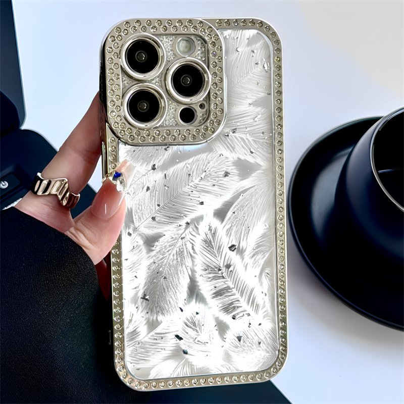 满钻银箔羽毛纹适用iphone14/15pro苹果16手机壳11电镀12pro小众13promax全包防摔硅胶保护套气质女神高级感