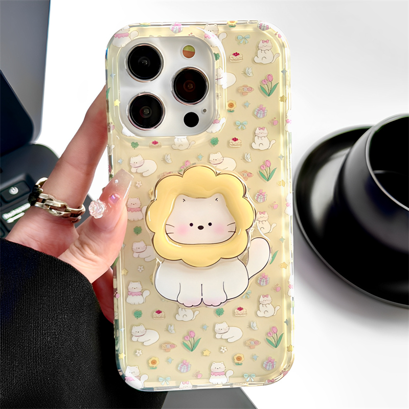 奶黄色郁金香猫咪适用iphone16pro苹果15手机壳可爱12pro支架13promax带吊坠挂绳14超好看外壳网红小众高级感