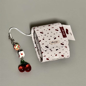 适用Airpods pro3耳机保护套秋冬皮质小清新樱桃苹果4耳机套AirPods1/2代保护壳带吊坠airpods3代蓝牙耳机壳