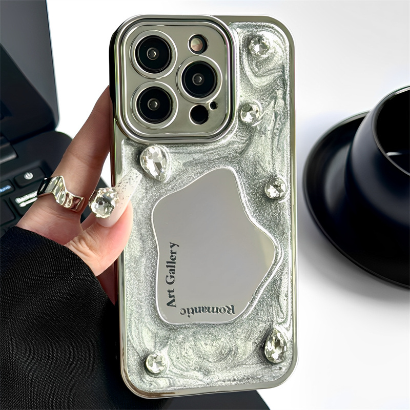 滴胶宝石几何镜面适用iphone14pro苹果15手机壳11电镀12pro补妆13promax全包镜头防摔保护套小众风气质高级感