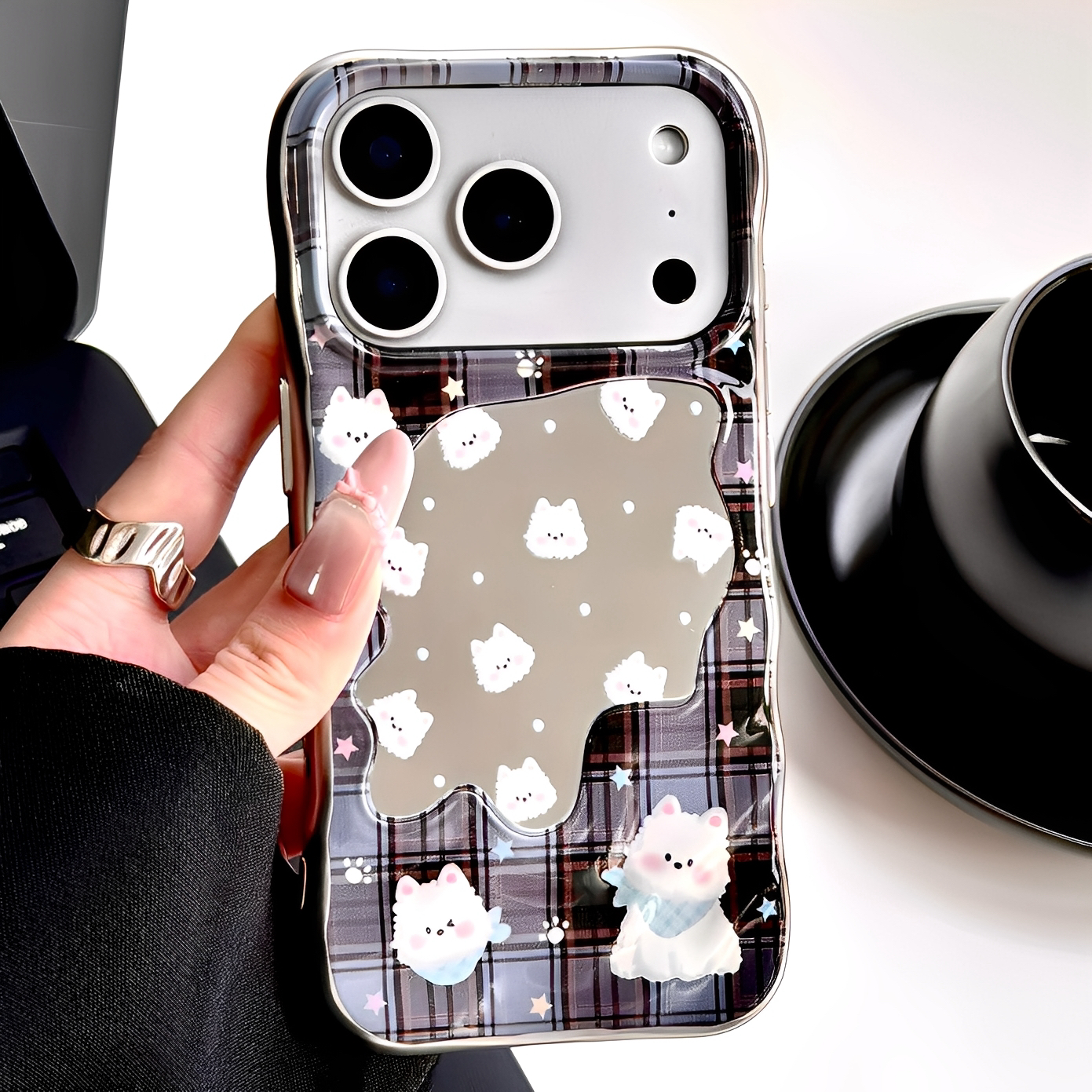 镜面波点棋盘格狗狗适用iphone17pro苹果16手机壳新款15pro可爱14proamx全包防摔超好看外壳13小众高级感女款